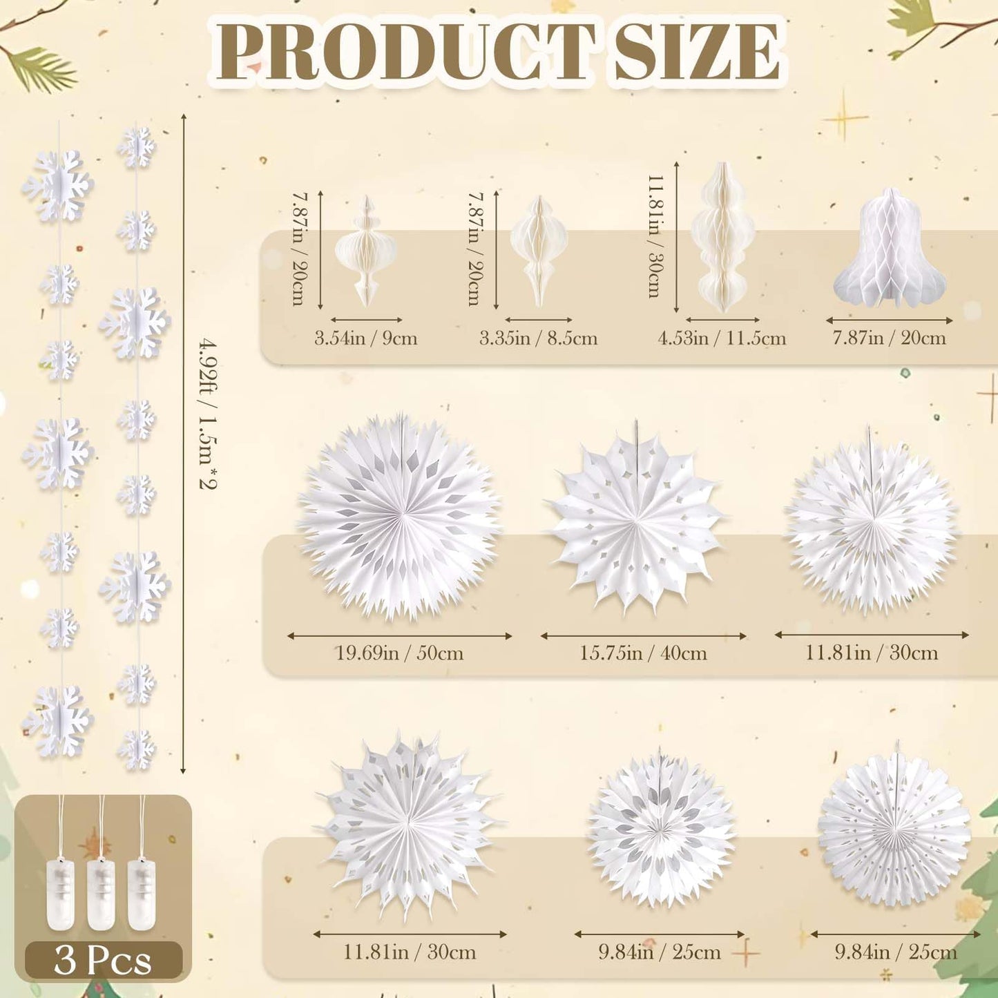 White Christmas Hanging Decorations Set, 3D Paper Honeycomb Ornaments Decorative Honeycomb Bell Lanterns with Lights, Paper Snowflake Fans Garlands for Xmas Tree Winter Wonderland Holiday Party Decor