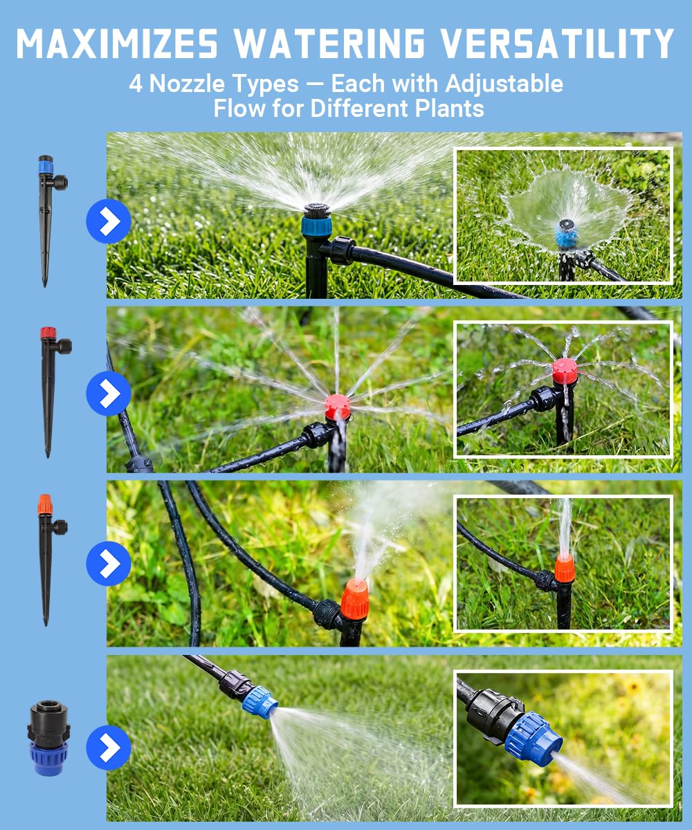 126FT Drip Irrigation System Kit with 30 Adjustable Nozzles, Leak-Proof & Easy-Connect Irrigation Kit with 1/2" & 1/4" Tubing, for Garden Watering Greenhouse, Lawn, Indoor Pots(26FT+100FT)