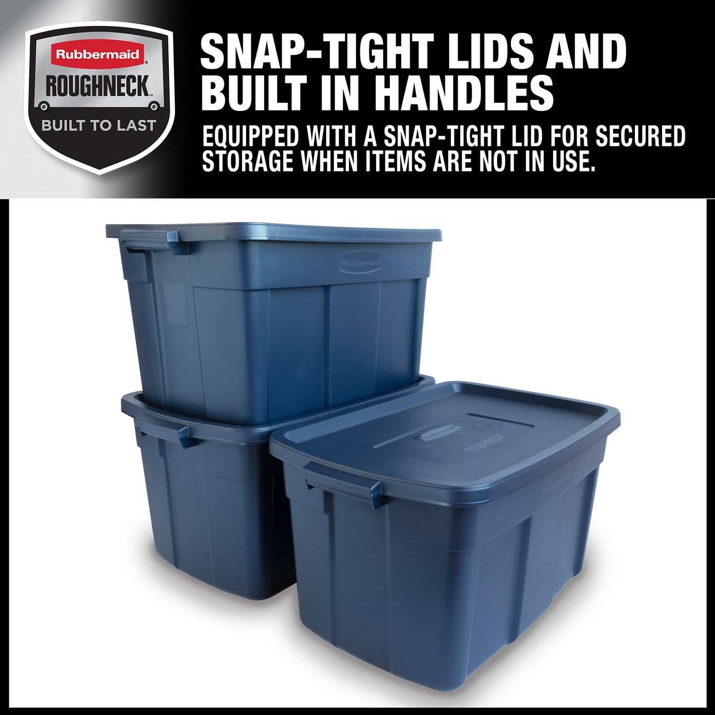 Rubbermaid Roughneck Tote 31 Gal, 3 Pack, Made in USA, Dark Indigo Metallic, Rugged Plastic Stackable Storage Bins with Lids and Handles