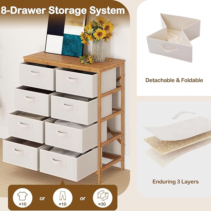 Giantex 8 Drawers Dresser for Bedroom, Bamboo Fabric Storage Tower