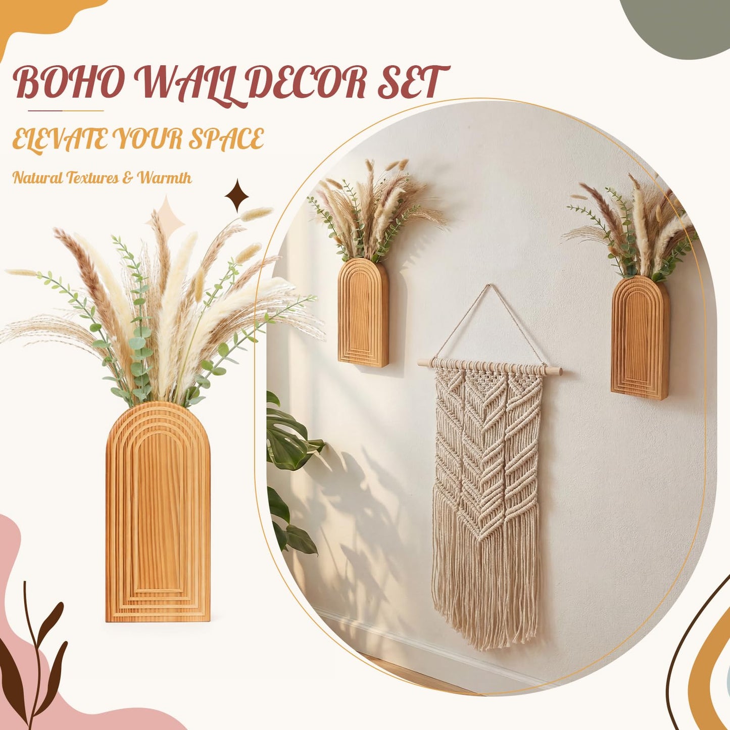 LemonRoad Boho Wooden Wall Vases Set of 2 with Artificial Eucalyptus and Pampas Grass Dried Flower Rustic Hanging Wood Planter Vase Wall Mounted Farmhouse Bohemian Decor for Home Entryway Living Room