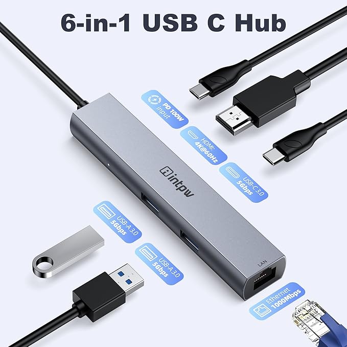intpw USB C to USB A Hub 6 Ports with 4K HDMI Ethernet 100W PD Type C Hub USB 3.0 5Gbps Aluminum Adapter Multiport USB C Hub for Laptop, Mac, iPad, PC (1.97FT(6in1,HDMI 4K))