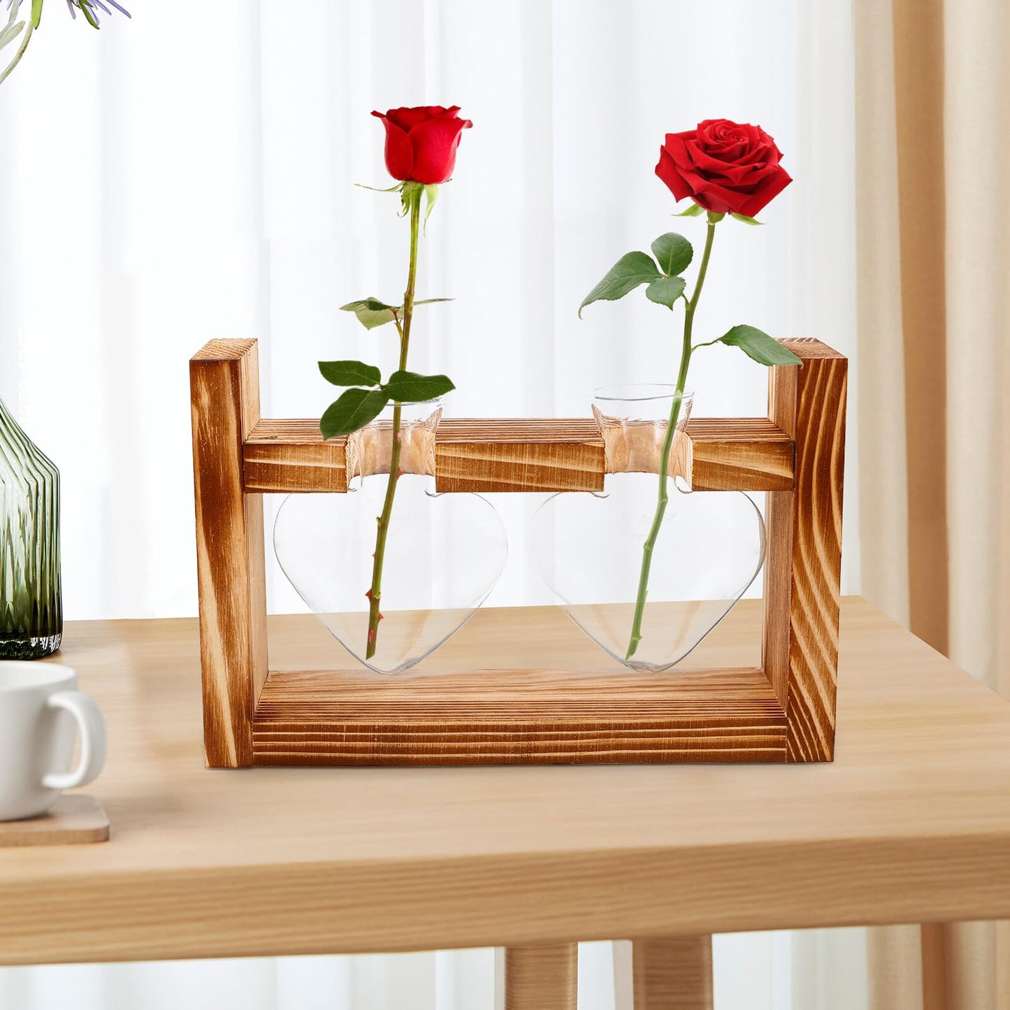 Mobestech Glass Vase with Wooden Stand Heart-Shaped Hydroponic Terrarium for Indoor Plants Desktop Plant Decor Home Vase Set with 2 Glass Containers
