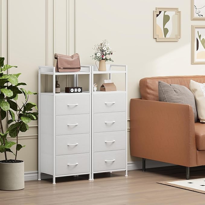 Somdot White Nightstand with 4 Drawers, Vertical Storage Tower Fabric Dresser