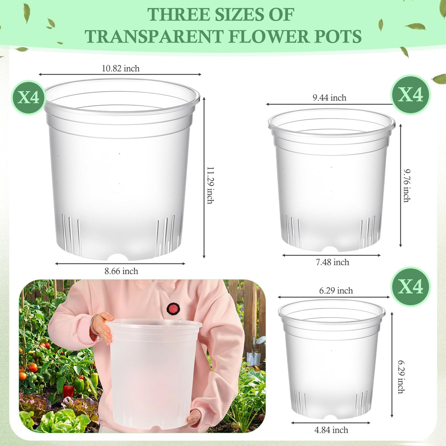 Ziliny 12 Pack 7.7/9.4/10.8 Inch Large Clear Nursery Pots for Plants Flexible Clear Plastic Nursery Pots with Drainage Hole Transparent Plastic Seedling Planter for Indoor Outdoor Rooting Visibility