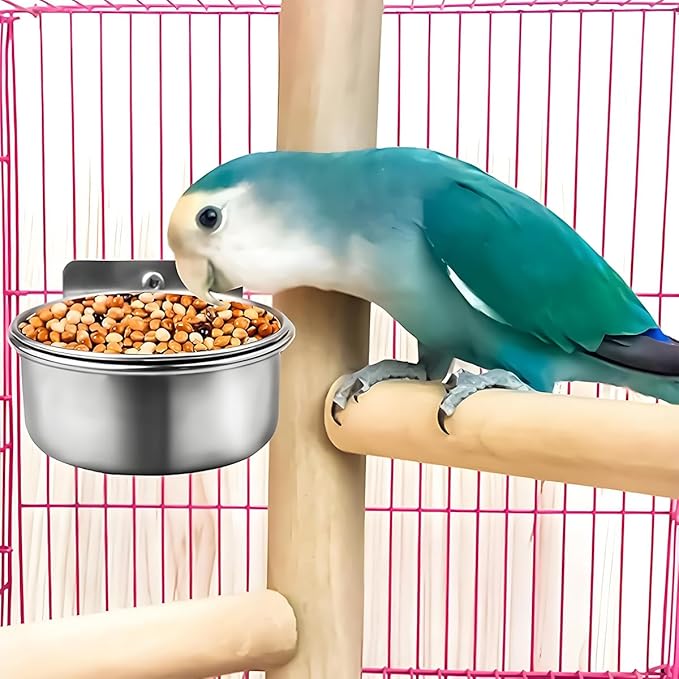 Parrot Feeding Cups Stainless Steel Bird Cage Feeder & Water Bowl - Chew-Proof Food Bowls with Clamp Holder for Parrot, Cockatiel, Conure, Budgie, Macaw, and Small Animals (S-1Pc)