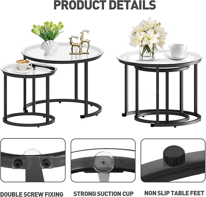 aboxoo Black Nesting Coffee Glass Table Set of 2, Metal Freme Side End Tables