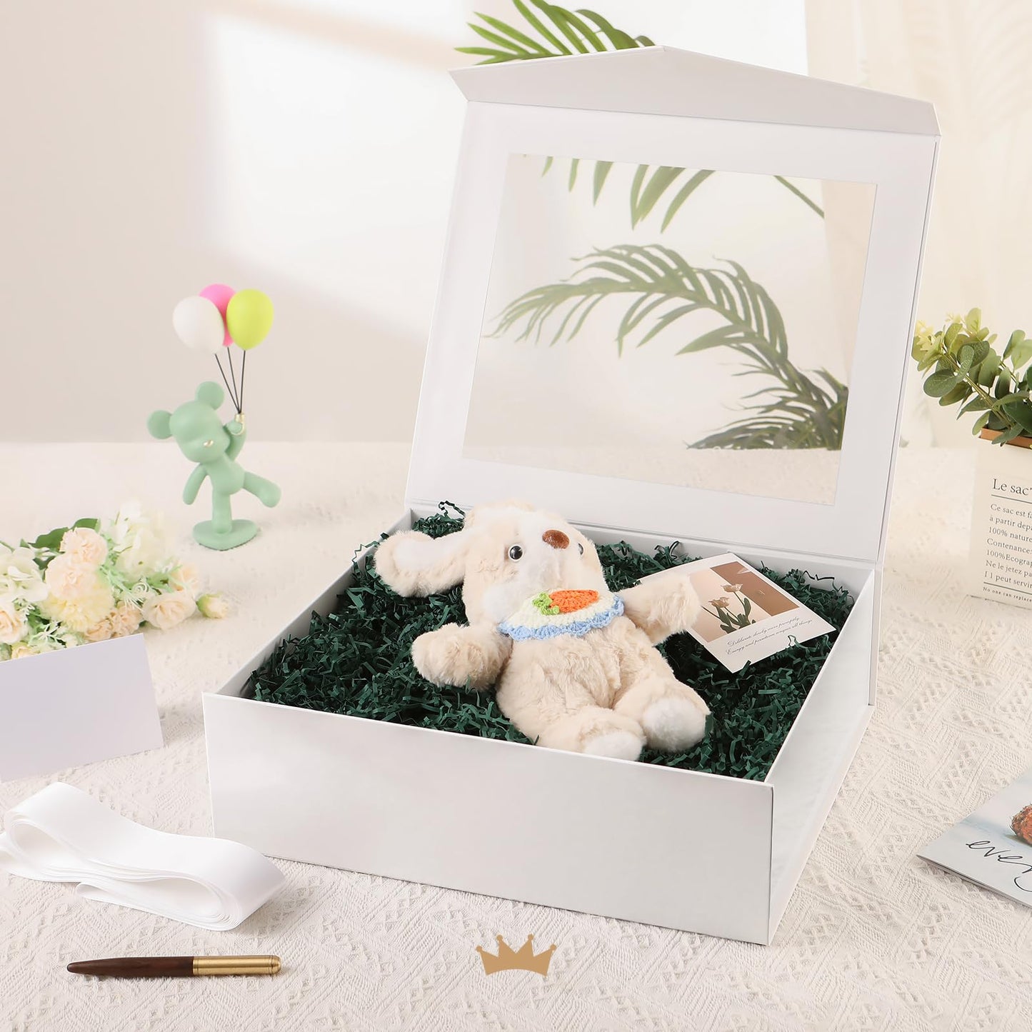 PACKQUEEN 5 Extra Large White Gift Boxes with Windows, 16.3x14.2x5 Inches Mother's Day Clear Gift Boxes for Presents Contain Ribbons, Cards, Bridesmaid Proposal Boxes with Magnetic Lids (Glossy White)