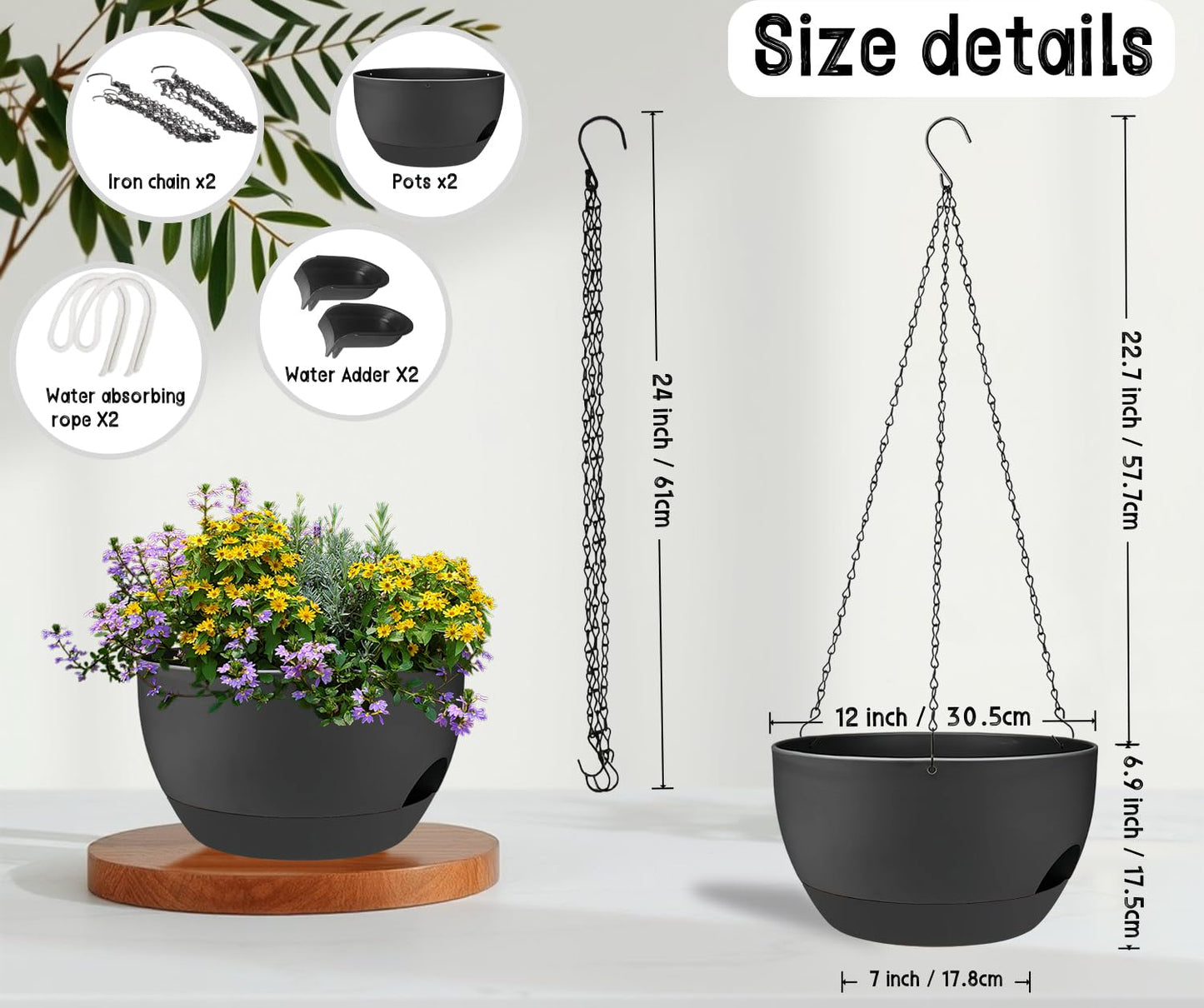zople 2 Pack 12 Inch Self Watering Hanging Planters for Indoor Plants, Large Black Plastic Hanging Pots with Chains for Outdoor Patio Garden Home Decor Black