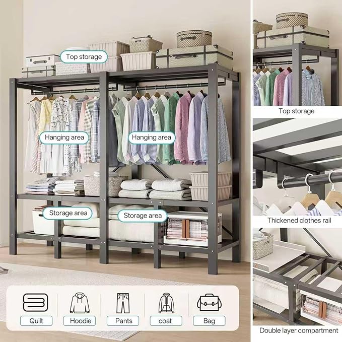 Foldable Portable Wardrobe Closet with Magnetic Doors & Cover, Heavy Duty Covered Clothes Rack with Hanging Clothing Rod, Metal Frame Standing Alone Closet for Bedroom (Door Design A, 49.2IN/125CM)