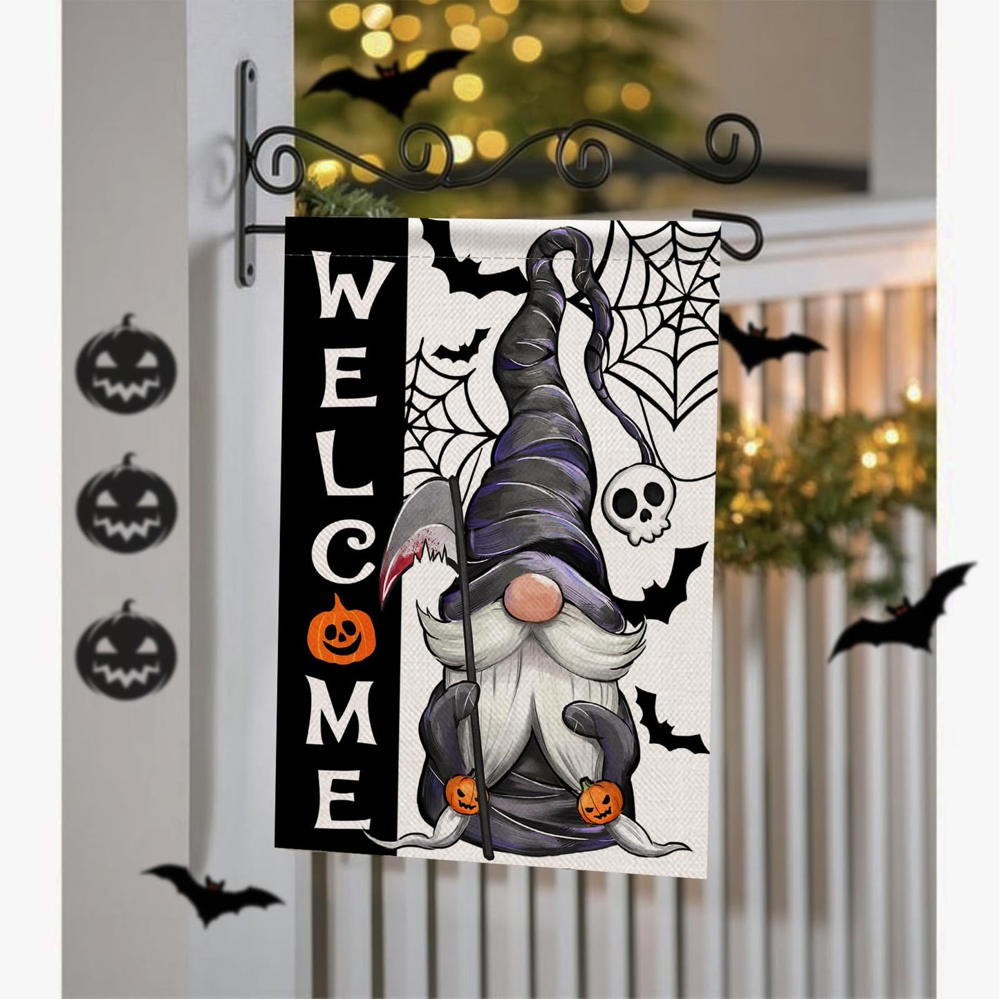 Covido Welcome Halloween Gnome Decorative Garden Flag, Spooky Jack O Lantern Pumpkin Skull Spider Web Bat Yard Outside Decorations, Funny Holiday Burlap Outdoor Small Home Decor Double Sided 12 x 18
