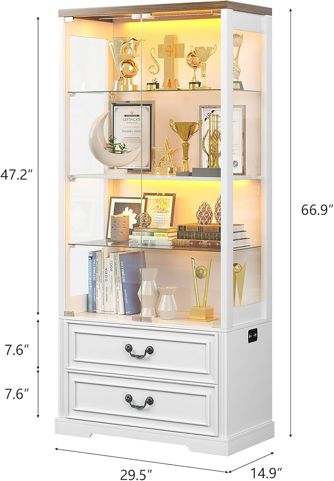FREDEES Display Cabinet with Glass Doors, Tall Bookcase with 3 Color Lights and