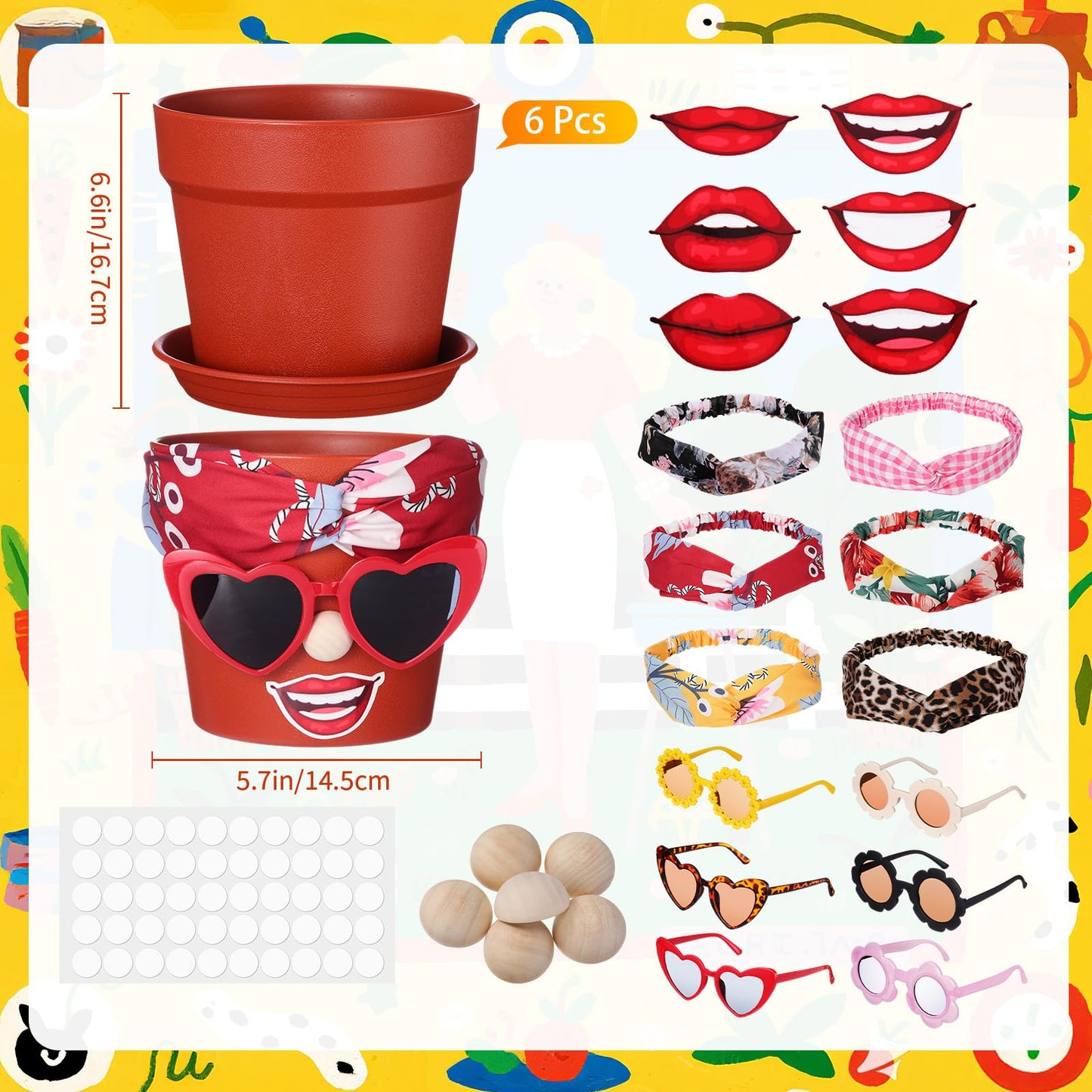 SiliFine 6 Sets Funny Plastic Pots for Crafts Lady Face Flowerpots Include 6.6 Inch Planters Hair Band Decorative Glasses Wood Particle Lip Stickers Glue Points for DIY Crafts Garden Decor