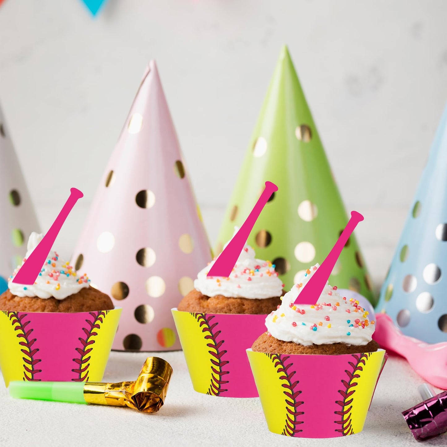 Whaline 36 Pcs Softball Cupcake Wrappers and Toppers Pink Bat Cupcake Liners Decorative Dessert Holders for Sweet Sport Party Cake Decoration