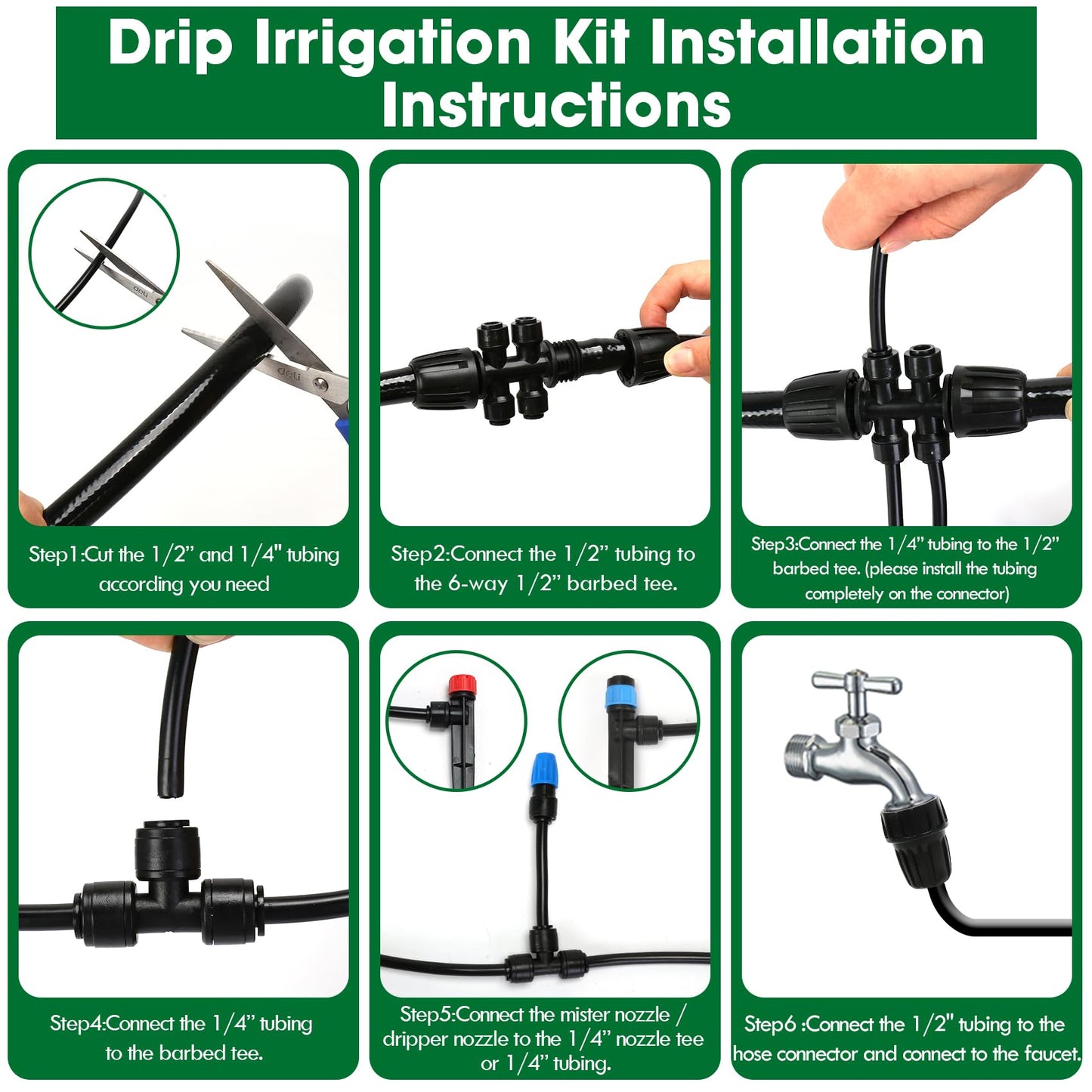 Drip Irrigation Kit, Flantor 190FT Greenhouse Drip Irrigation System Adjustable Garden Watering System with 1/2" & 1/4" Irrigation Tubing, Patio Misting Plant Watering System for Garden and Lawn