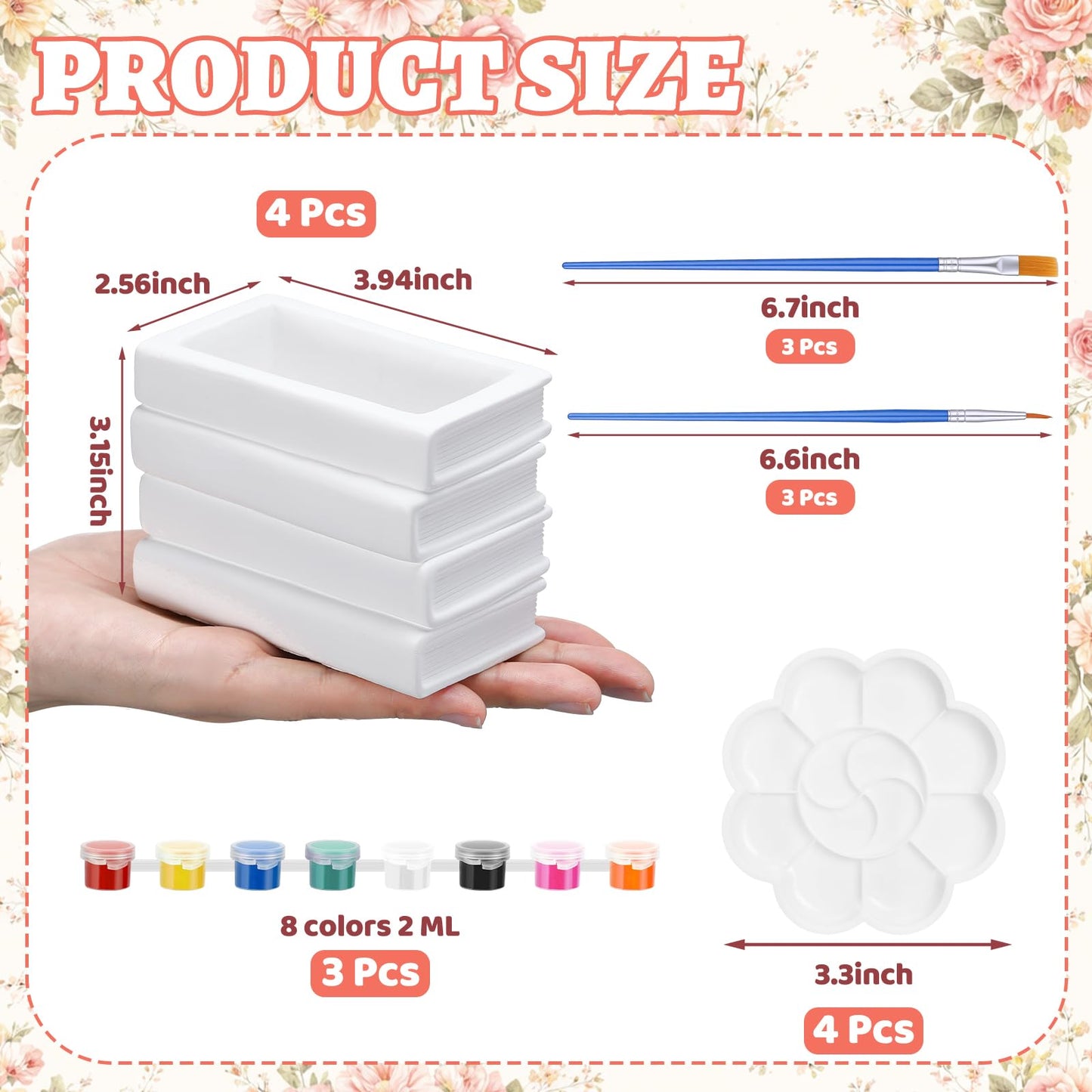 Singhoow 4 Set 3.9 Inch Book Planter Pot Ready to Paint Your Own Ceramic Book Flowers Pot Ceramics to Paint DIY Unpainted Paintable Kit Crafts with Acrylic Brush Palette for Adults