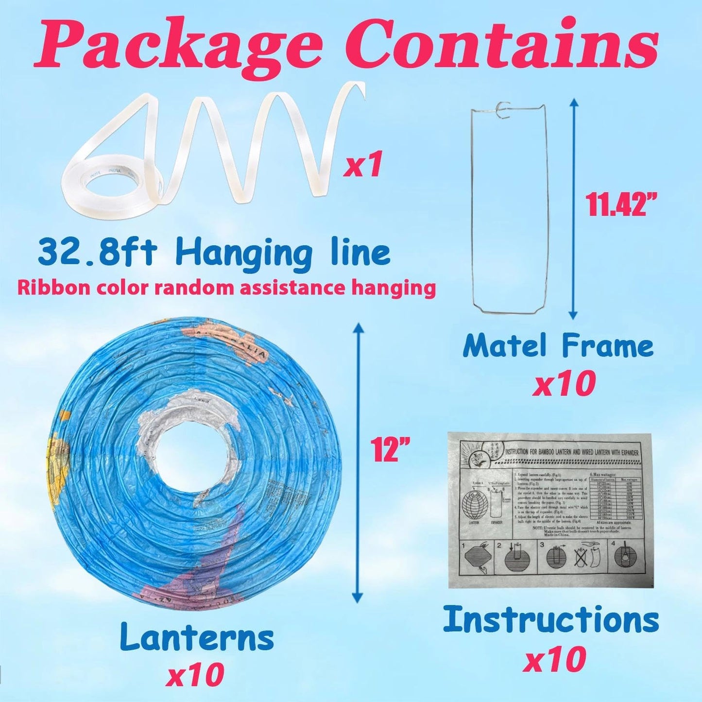 JIEFULL 10 Pack 12 Inch Globe Paper Lanterns for Ceiling Hanging, Large Earth Lantern Around The World Map Decorations