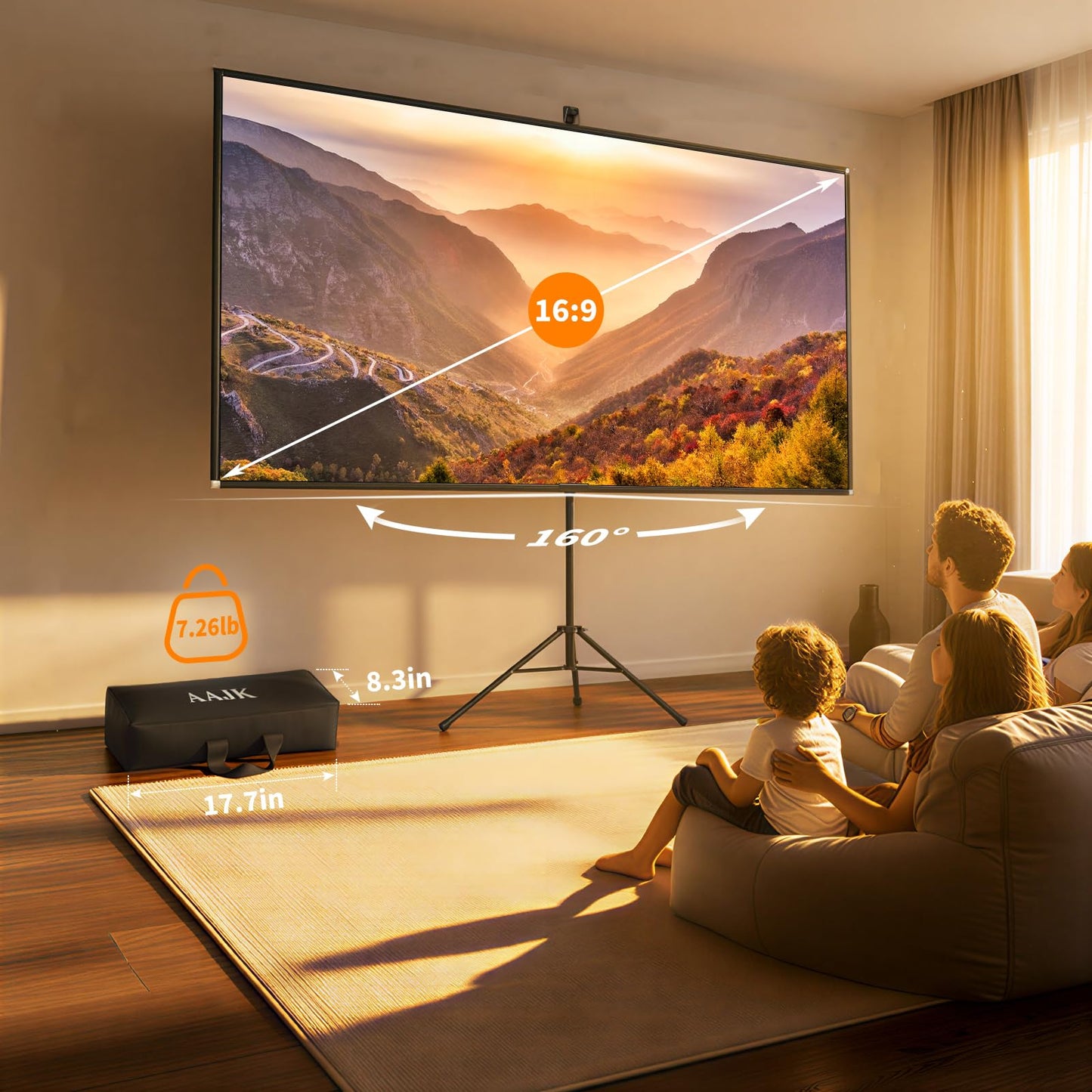 AAJK 100in Projector Screen with Stand,Portable 16:9 4K HD Indoor Outdoor Projection Screen with Wrinkle-Free Design, Ideal for Home Theater– Includes Carry Bag (100IN) (100)