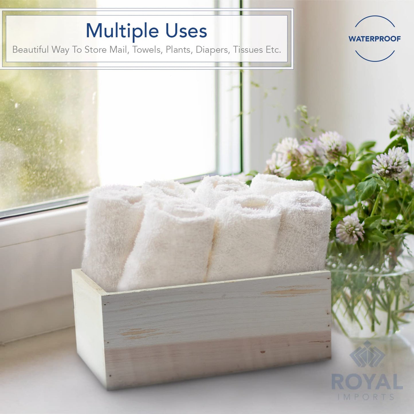 Royal Imports Wooden Flower Pot Planter, Decorative Box w/Plastic Liner, Toilet Tank Paper Basket Bathroom Countertop Storage, Kitchen Windowsill Organizer, 10x6x4, White