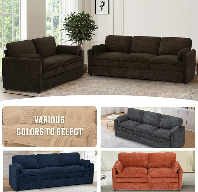 Comfy Chenille Sofa Set with Well-Filled Pillows, Modern 3 Seater and Loveseat