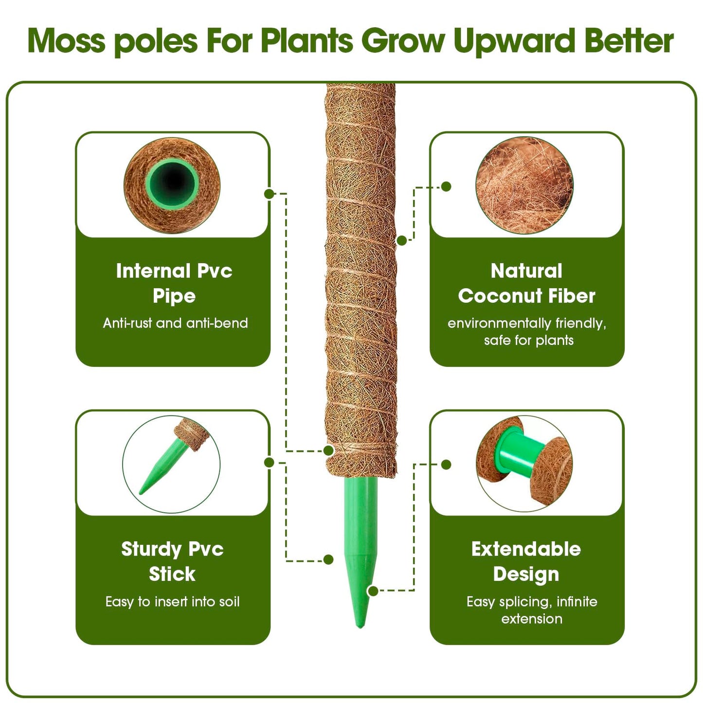 4 Pack 20 Inch Moss Poles, Stackable Moss Pole Monstera Plant Support, 66 Inch Tall Plant Stakes for Climbing Plants Indoor, Coir Plant Support Stick Stand for Potted Plants, Pothos, Philodendron