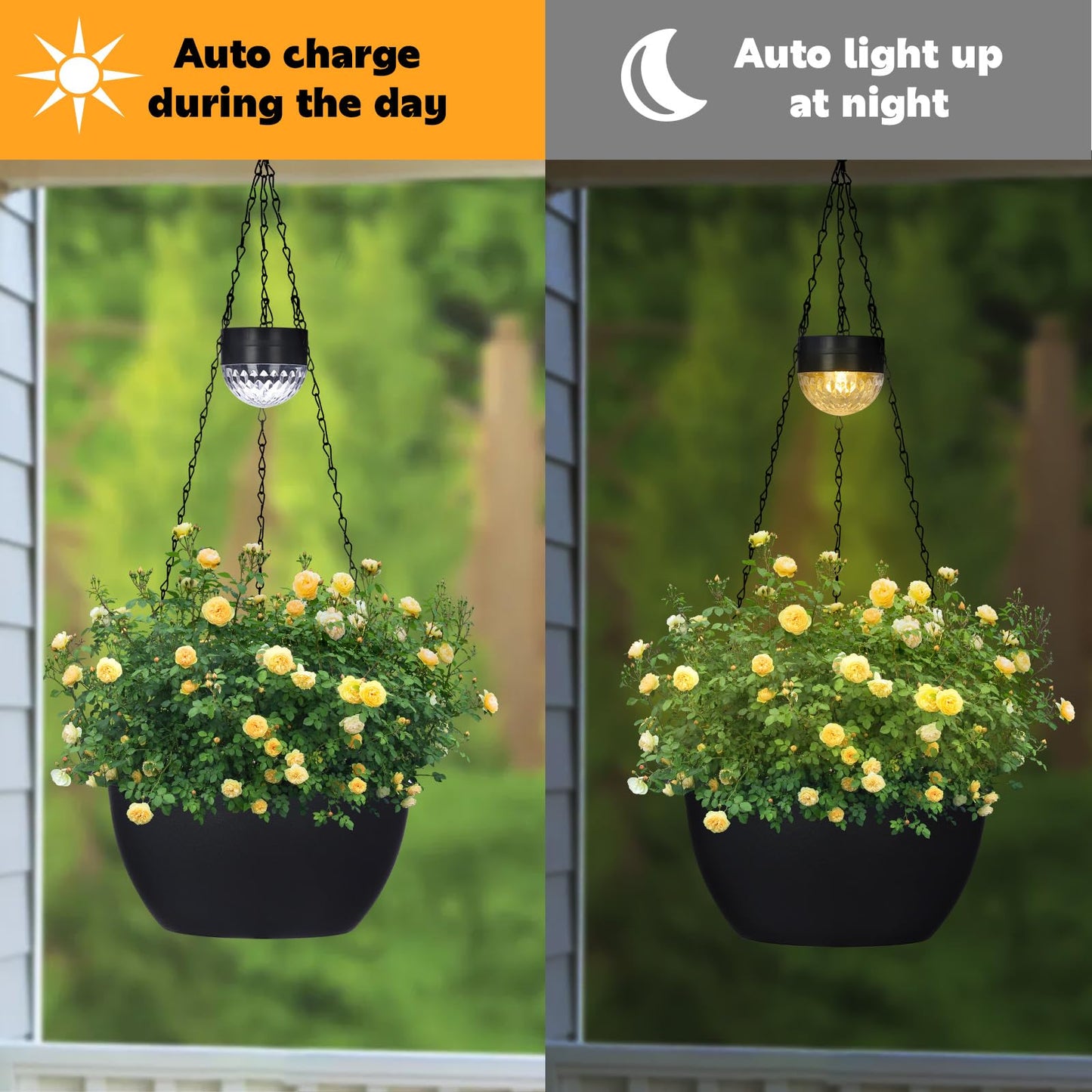 SUNNYPARK 2 Packs Hanging Planters Basket for Outdoor Plants, Solar Powered Self Watering Black Round Plastic Flower Pots with Drainer for Balcony Patio Garden Outdoor Decoration