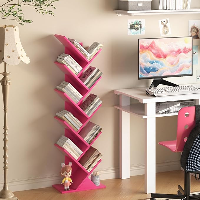SHEEPAM 10 Tier Tree Book Shelf, Floor Standing Wood Bookshelf