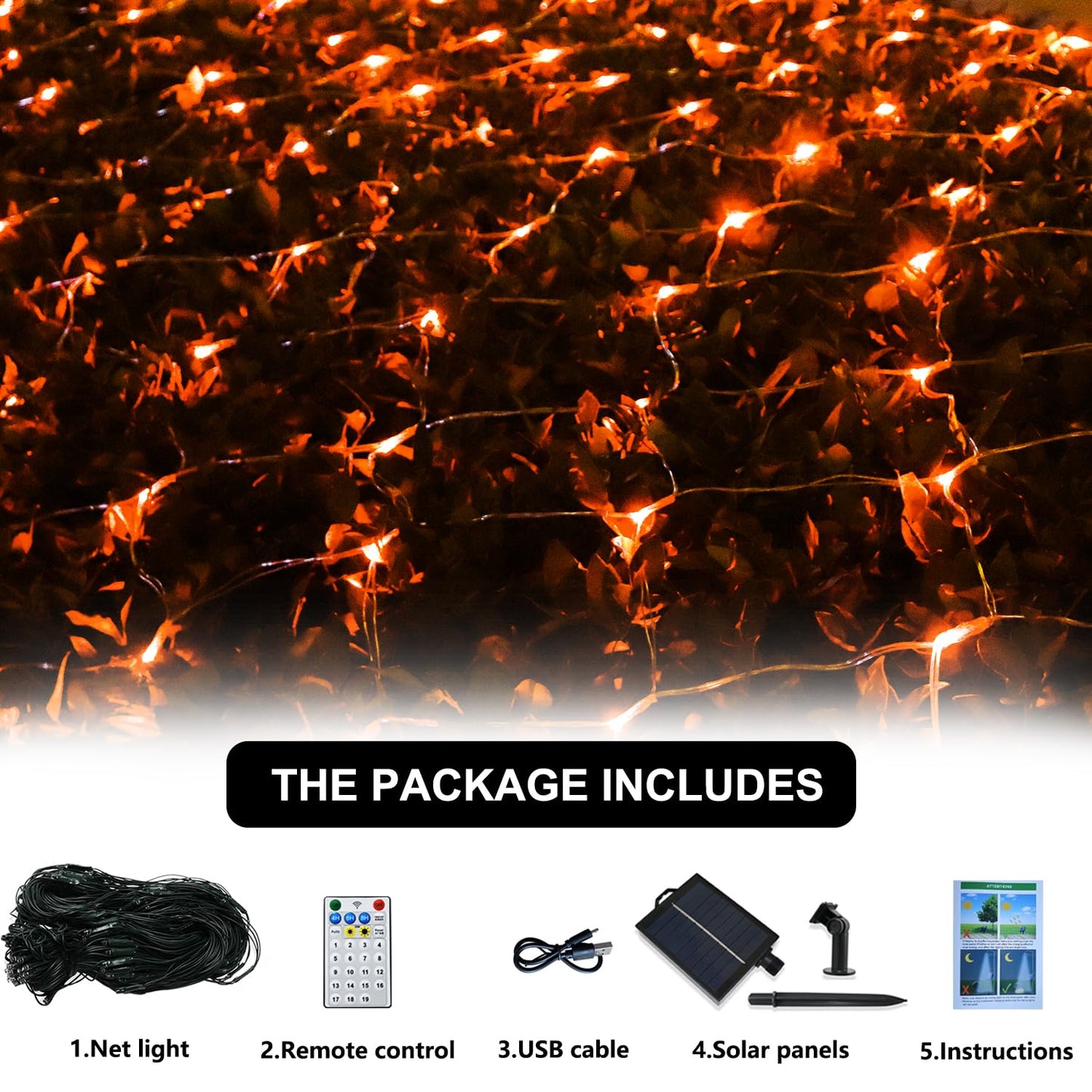 Solar Net Halloween Lights Orange Fall Decor, 200 LED Mesh Lights Outdoor, 19 Modes Transparent Wire Solar Powered Wrap Tree for Garden, Yard, Bushes, Trunk, Christmas Decor-9.8ft x 6.6ft