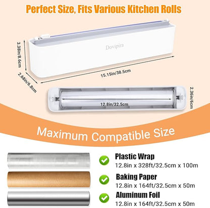 Magnetic Plastic Wrap and Foil Dispenser with Cutter, Fits for Max 12.8In x 328Ft Cling Film, Adhesive Wall Mounted Aluminum Foil and Wrap Organizer Holder for Kitchen