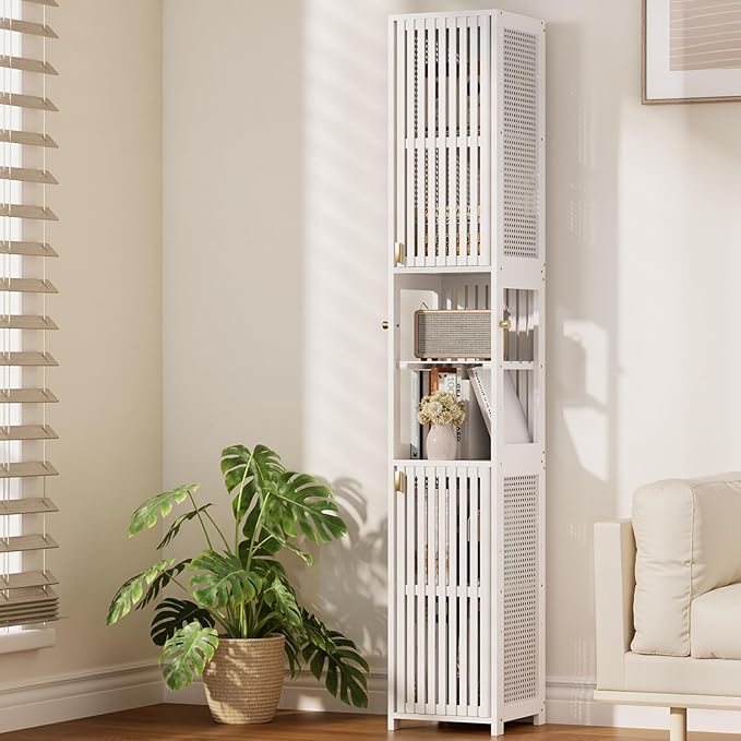 Amazer White Bathroom Storage Cabinet 70'', Bamboo Slim Storage Cabinet