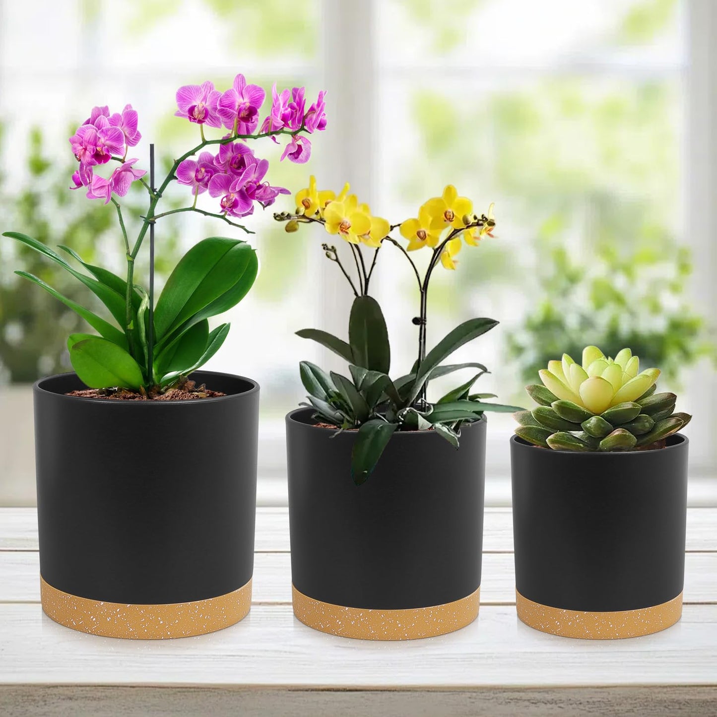 WSMKSZ 3 Pack 6/5/4 inch Cylindrical Flower Pots, Modern Small Round Plastic Plant Pots with Drainage Holes & Saucers, Clean and Refined Planter Pots for Outdoor, Indoor & Office Decor (Black Brown)