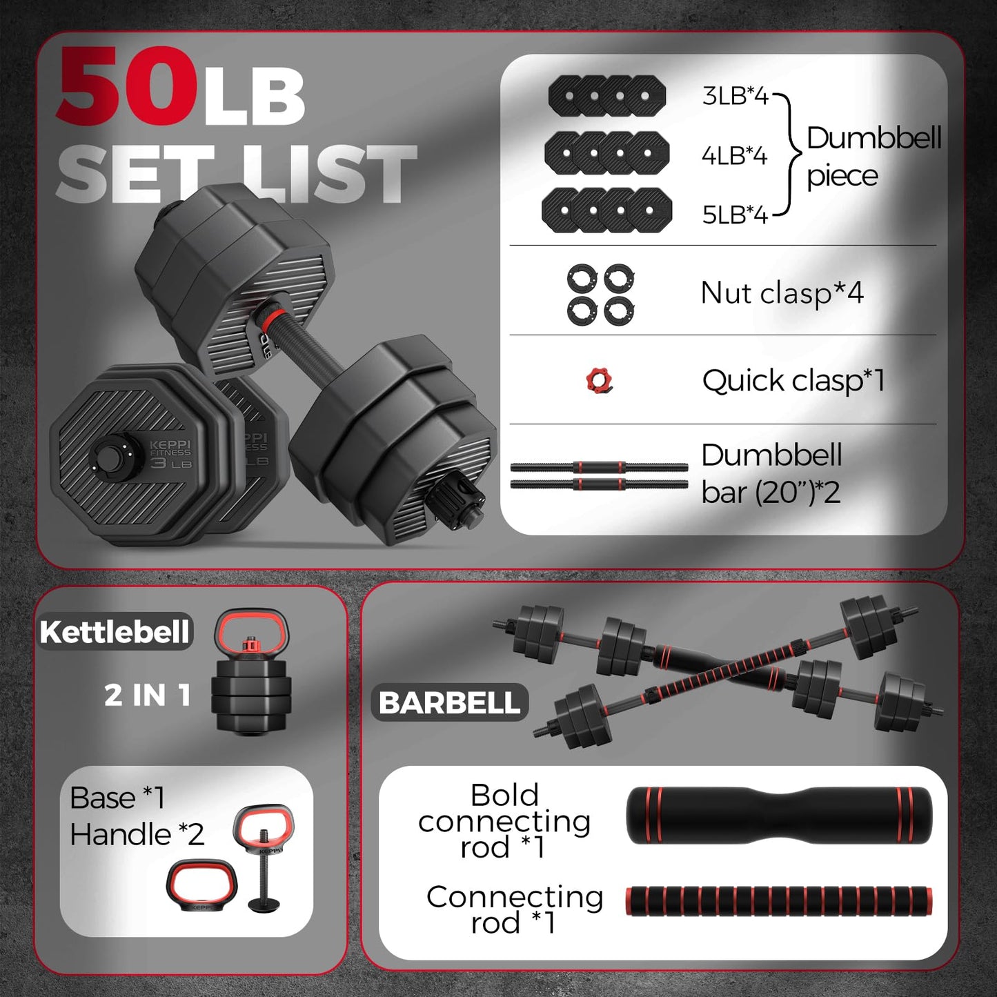 KeppiFitness Adjustable Dumbbell Set, 30/40/50/70/90 lb Weight Set with Connector Bar, 4 in 1 Workout Gear with Dumbbell, Kettlebell, Barbell, Push up Handle for Home Gym Fitness Exercise