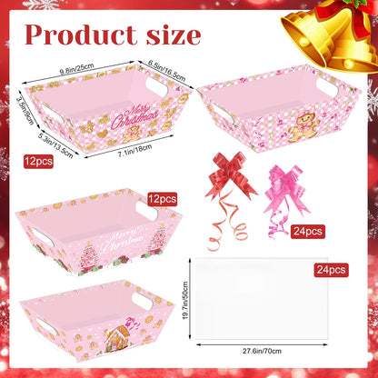 CIEOVO 24 Set Christmas Party Baskets with Cellophane Bows Market Tray Pink Christmas Baskets for Gifts Empty Gingerbread Man Cardboard Bags for Xmas Holiday Party Decor