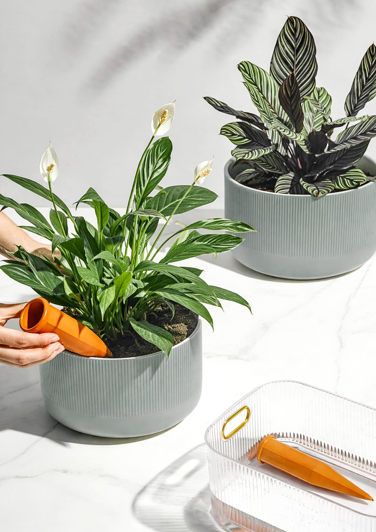 Jardin Tesoro Ceramic Planters - 10+12 Inch Large Pots for Indoor & Outdoor Plants, Modern Flower Pots with Drainage Holes and Self Watering Devices, House Grey-Blue Big Plant Pot, Set of 2