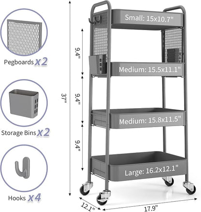 TOOLF 4 Tier Rolling Cart with Pegboard, Metal Storage Organizer Cart with Wheels, Hooks & Bins Esthetician Craft Art Sturdy Storage for Bathroom, Kitchen, Office, Nursery Diaper