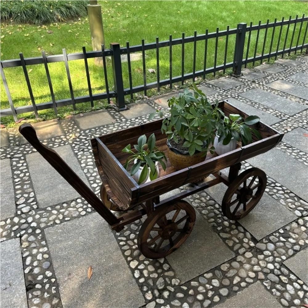 LFSBTI Garden Rustic Wooden Plant Pots, Wagon Wheels for Outdoor Decor, Decorative Wheelbarrow for Patio, Wood Flower Planter Pot Stand with 4 Wheels