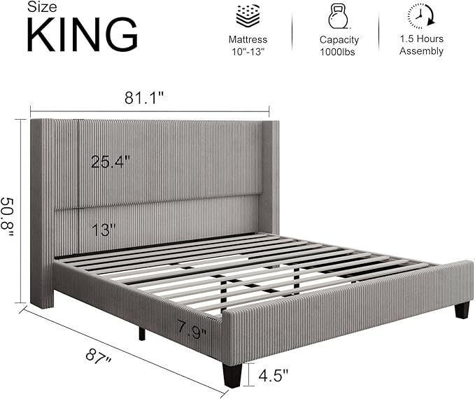 HOWE King Size Bed Frame with 50.8" Tall Wingback Headboard, Modern Corduroy