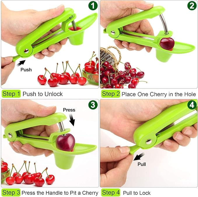 Cherry Pitter Tool, Heavy-Duty Cherry Seed Core Remover, Cherry Pitter Remover Tool with Space-Saving Lock Design, Pit Remover for Cherries (Green)