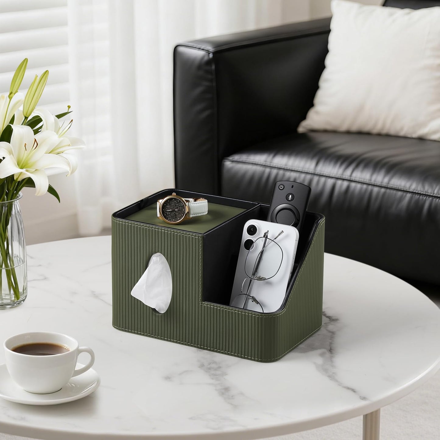 PU Leather Square Tissue Box Cover with Magnetic Closure, Tissue Holder with Storage Tray & Remote Control Organizer, for Nightstand, Living Room, Bathroom, Office Desk (Green Stripes)