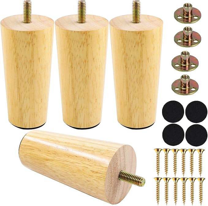 Yaliuliu 4 Inches Round Solid Wood Furniture Legs Set of 4, Natural Wooden