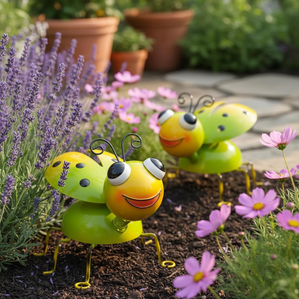 Cruis Cuka Metal Yard Art Garden Decor for Outside Cute Green Ladybugs Lawn Patio Ornaments Backyard Decorations Garden Gifts for Mom - Set of 2
