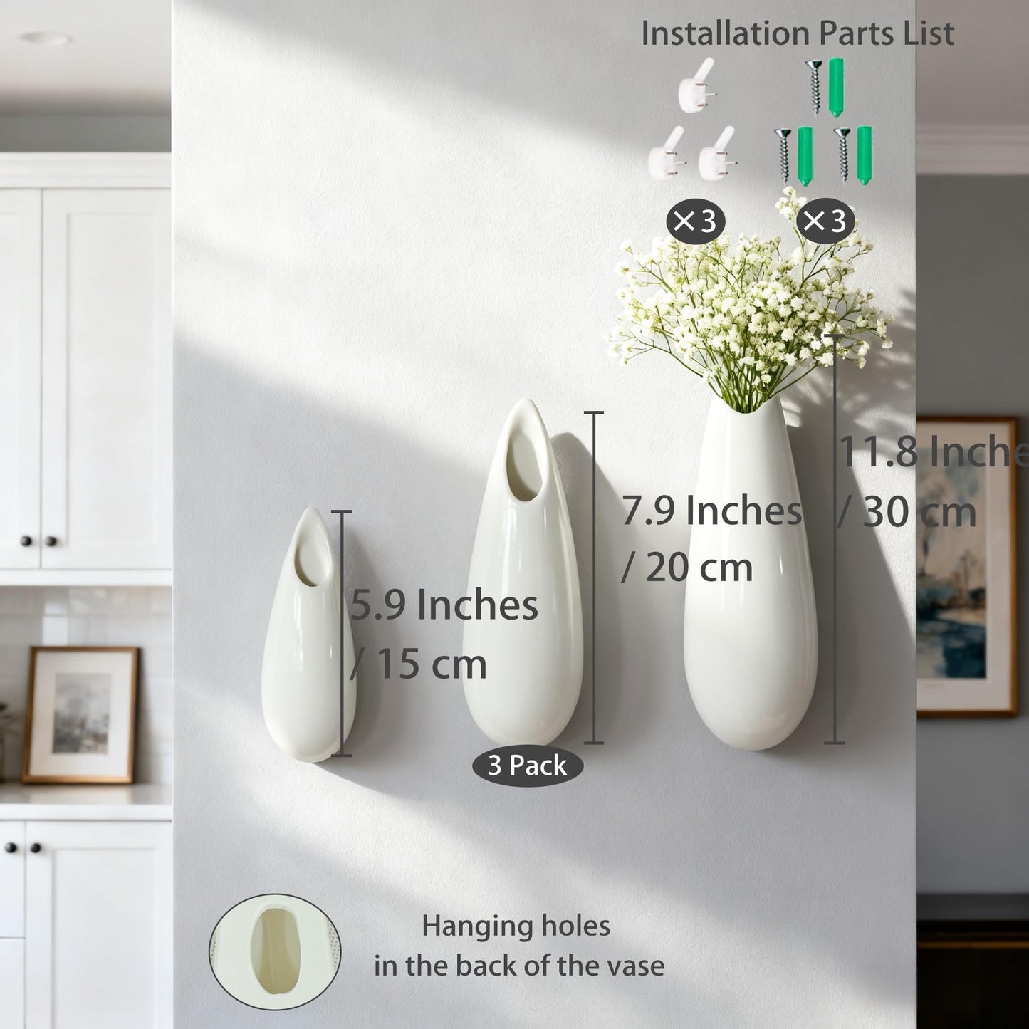 3 Pack White Ceramic Wall Vases,11.8+7.9+5.9 Inch White Vases, Cubicle Modern Decor Plant Holder Vase for Indoor Plants,Air Plants Holders,Office Minimalist Wall Decor