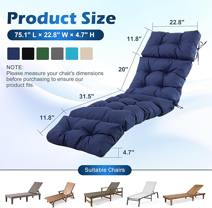Chaise Lounge Cushions Outdoor, Waterproof & Fade Resistant Patio Lounge Chair