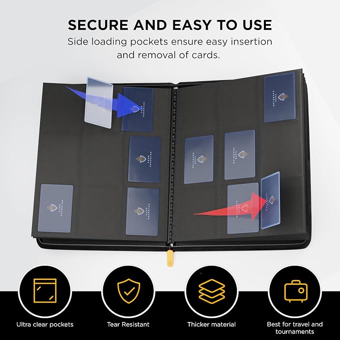 Card Guardian - 9 Pocket Premium Black Card Binder with Zipper for 360 Cards - Trading card binder with Side Loading Pockets for Trading Card Games -TCG Binder (Black)
