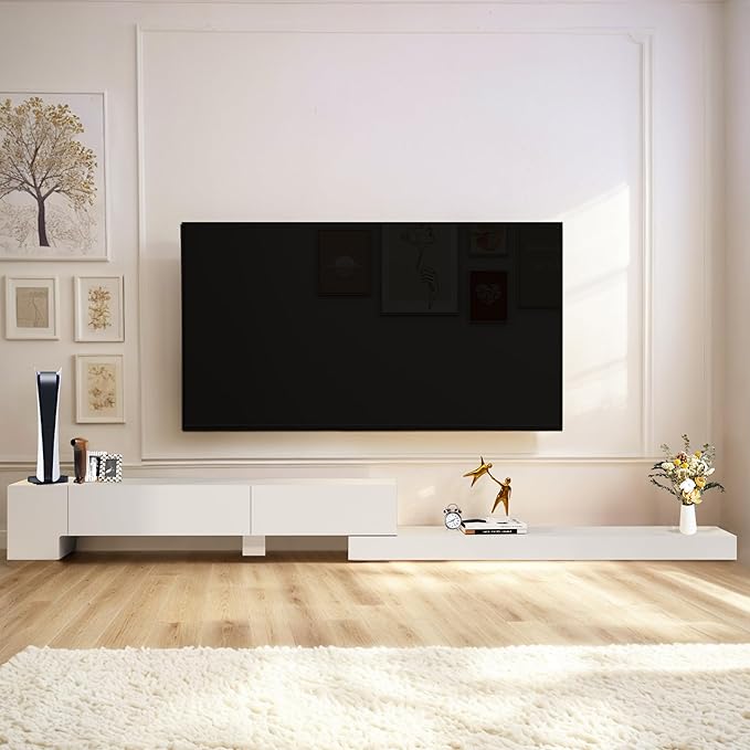 Retractable TV Stand, Solid Wood Minimalist TV Shelf, Mid-Century TV Console