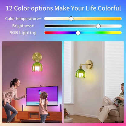 Vintage Battery Operated Wall Sconce 1 Pack, Green Tulip Glass Shade Gold Wall Lamp with 12 Inch Cable Switch, Modern Bathroom Wall Sconces for Bedroom Corner Hallway