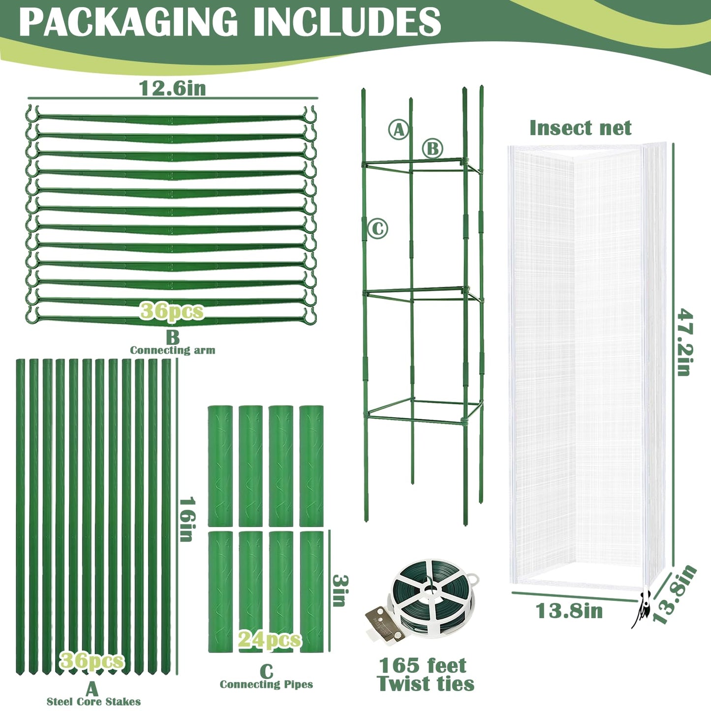 3 Set Square Tomato Cage with Plant Cover Net 47'' Tall Plant Support Structures for Vegetables Large Climbing Plants Trellis Stakes for Garden, Pots, Raised Garden Bed Outdoor Supplies