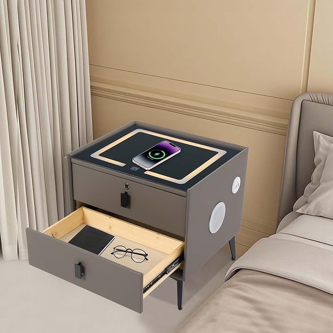 Smart Nightstand with Charging Station, Adjustable LED, USB Ports, Fingerprint