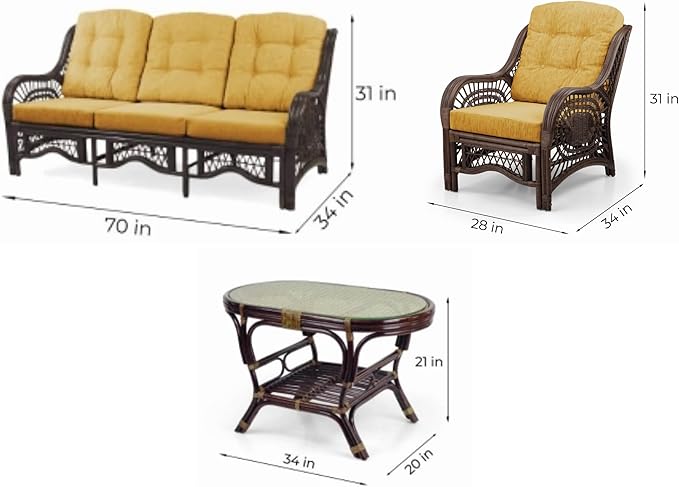 Malibu Lounge Set of 4: 2 Natural Rattan Wicker Chairs, Three-Seater Sofa