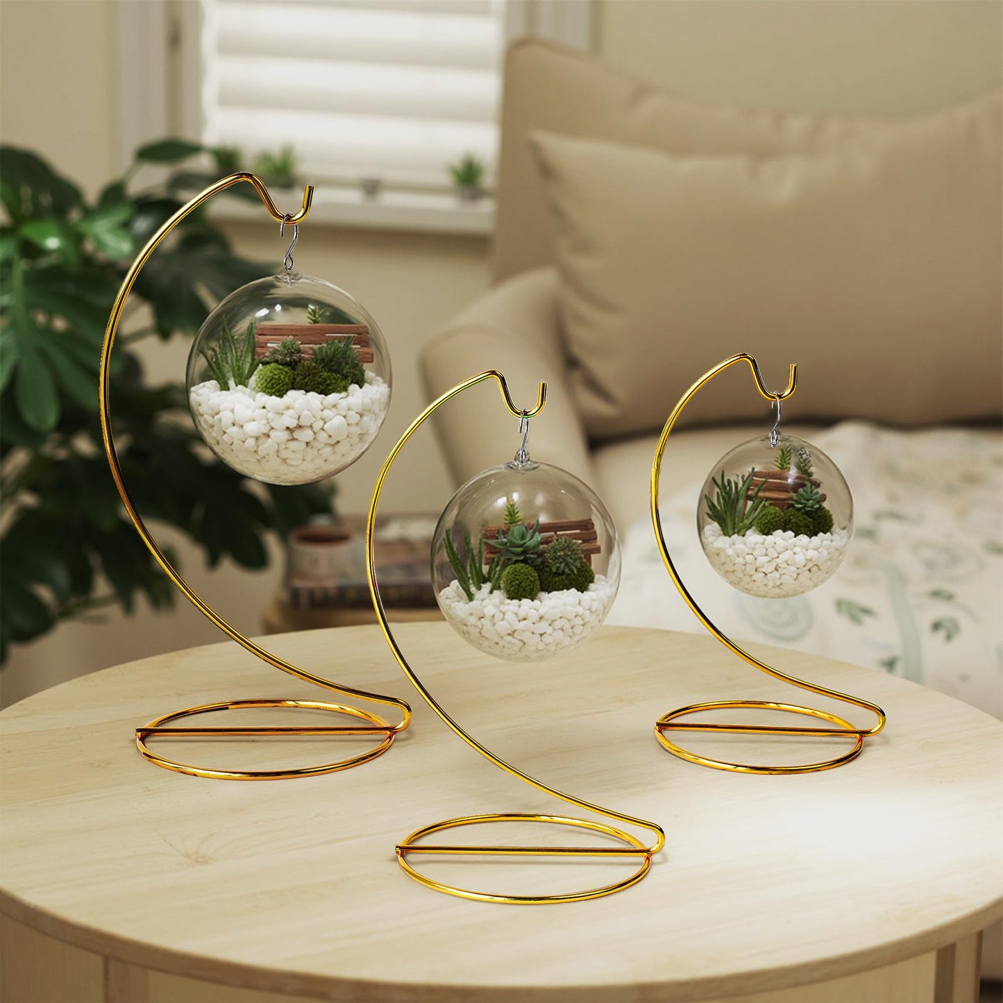 ZEERSHEE 3 Pack Gold Ornament Display Stands Hanging Hook for Air Plants, Terrariums Hanger, Glass Witch Balls, Home Wedding Christmas Decoration (9/7.9/6.3 Inch)